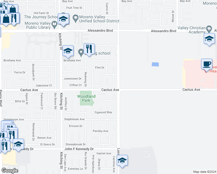 map of restaurants, bars, coffee shops, grocery stores, and more near 25939 Jonesborough Court in Moreno Valley