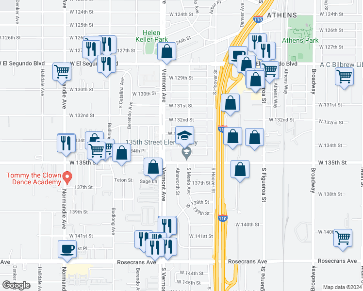 map of restaurants, bars, coffee shops, grocery stores, and more near 815 West 134th Street in Gardena
