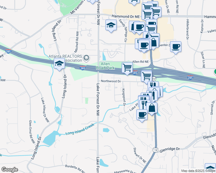 map of restaurants, bars, coffee shops, grocery stores, and more near 55 Northwood Drive Northeast in Atlanta