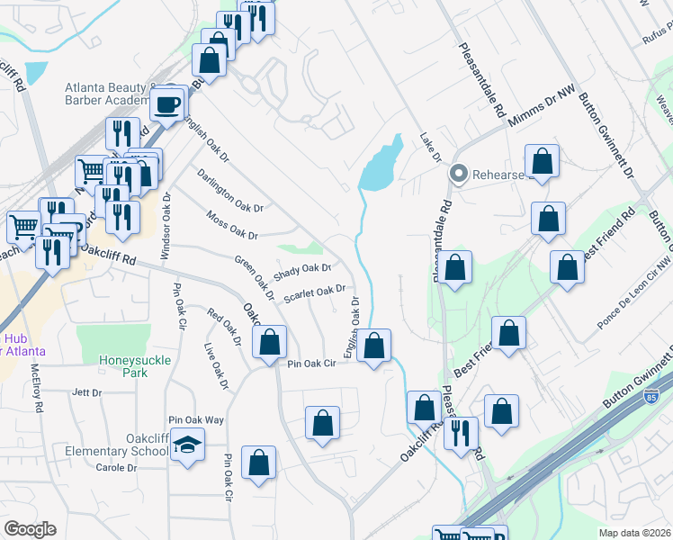 map of restaurants, bars, coffee shops, grocery stores, and more near 3335 Shady Oak Drive in Doraville