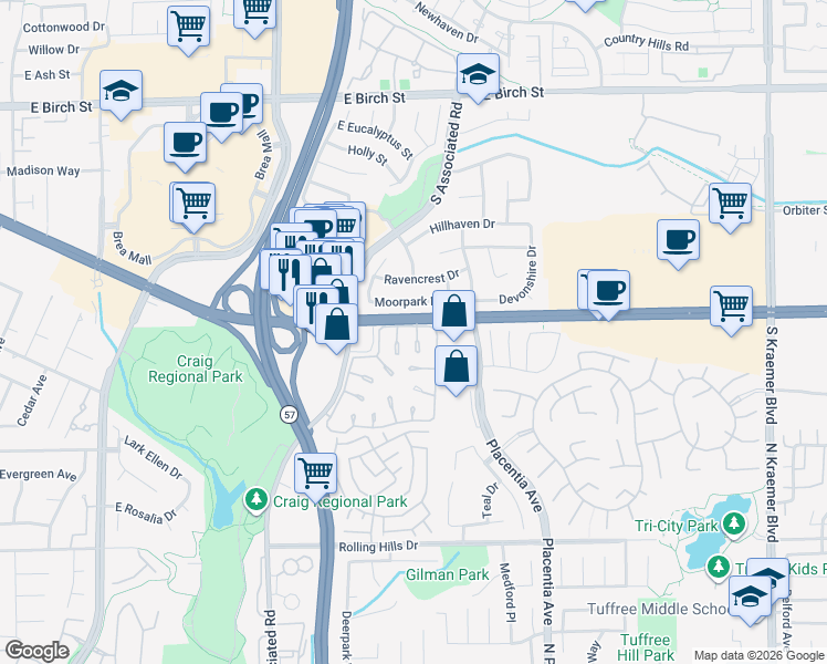 map of restaurants, bars, coffee shops, grocery stores, and more near 2911 Gingerwood Circle in Fullerton