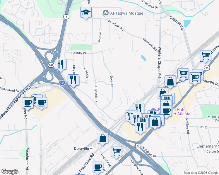 map of restaurants, bars, coffee shops, grocery stores, and more near 2689 Harber Valley Drive in Atlanta