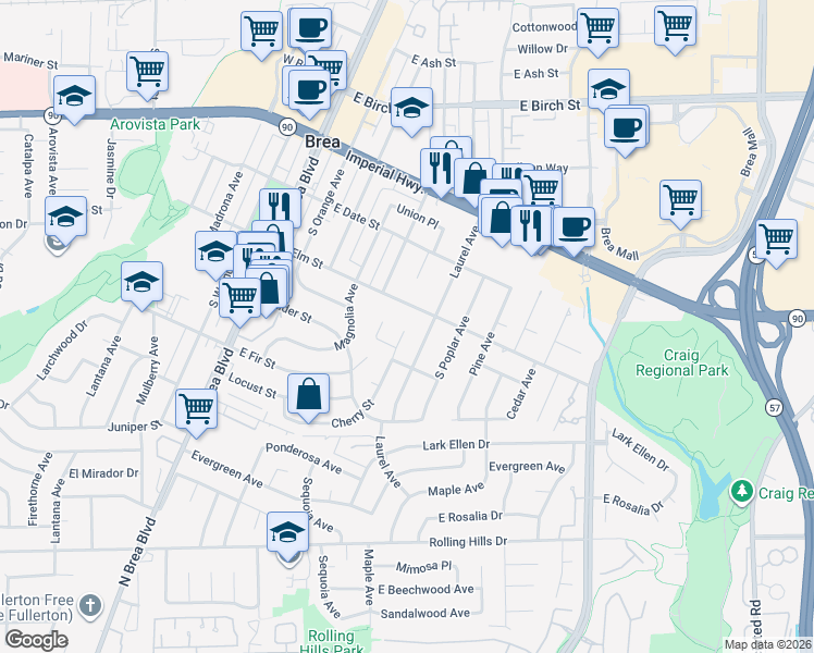 map of restaurants, bars, coffee shops, grocery stores, and more near 650 Cherry Street in Brea