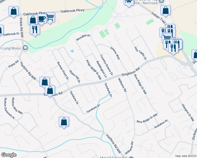 map of restaurants, bars, coffee shops, grocery stores, and more near 1312 Kings Ridge Drive Northwest in Norcross