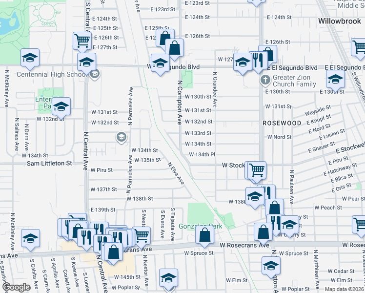 map of restaurants, bars, coffee shops, grocery stores, and more near 1242 West 134th Street in Compton