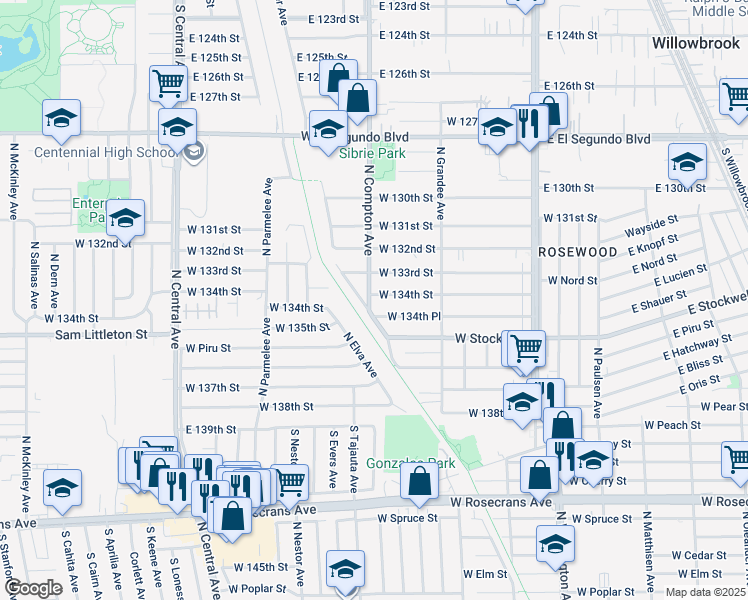 map of restaurants, bars, coffee shops, grocery stores, and more near 1242 West 134th Street in Compton