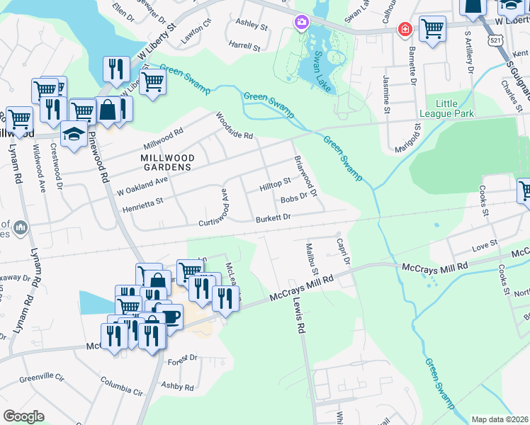 map of restaurants, bars, coffee shops, grocery stores, and more near 107 Burkett Drive in Sumter