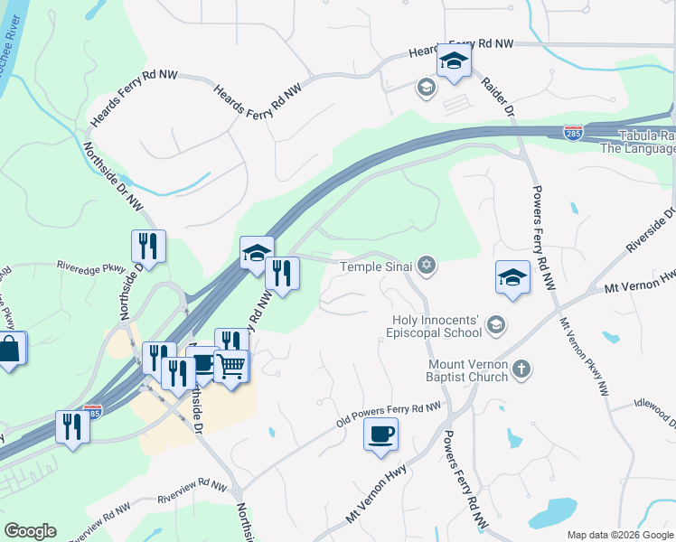 map of restaurants, bars, coffee shops, grocery stores, and more near 111 Bainbridge Drive Northwest in Atlanta