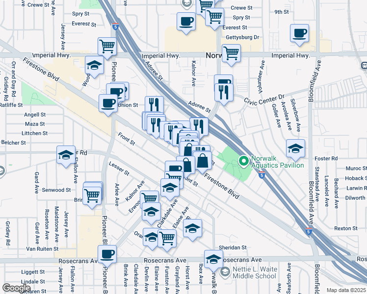 map of restaurants, bars, coffee shops, grocery stores, and more near 12034 Sproul Street in Norwalk