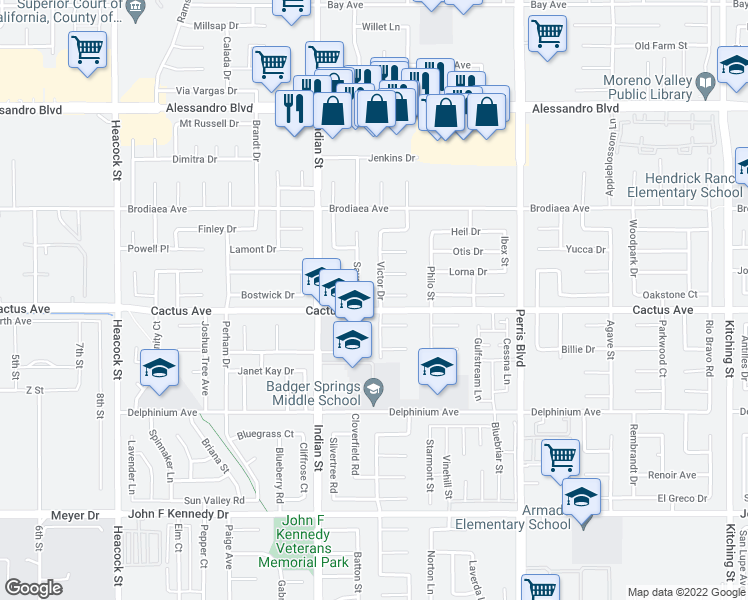 map of restaurants, bars, coffee shops, grocery stores, and more near 14485 Victor Drive in Moreno Valley