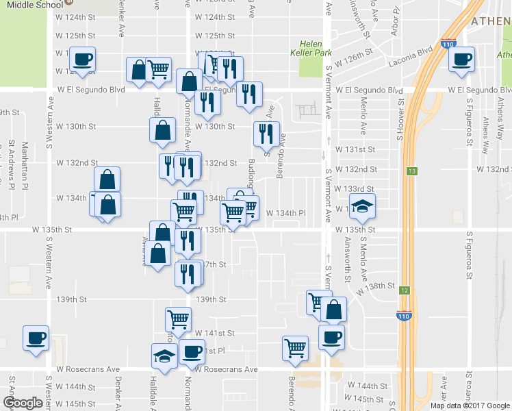 map of restaurants, bars, coffee shops, grocery stores, and more near 13412 South Budlong Avenue in Gardena