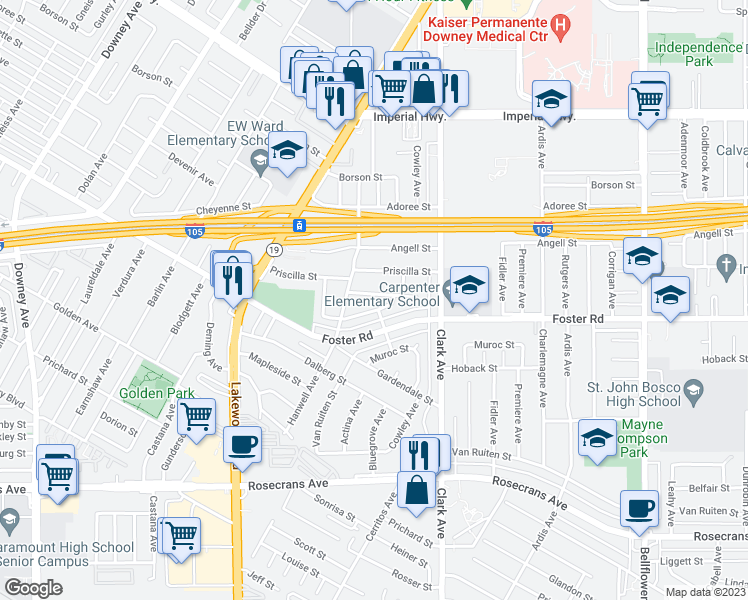 map of restaurants, bars, coffee shops, grocery stores, and more near 9232 Belcher Street in Downey