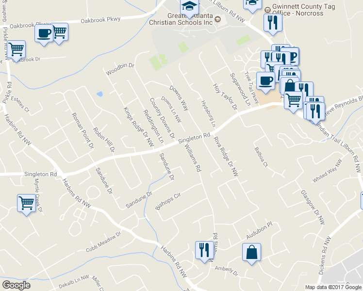 map of restaurants, bars, coffee shops, grocery stores, and more near 5111 Williams Road in Norcross