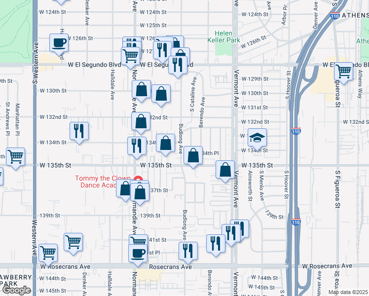 map of restaurants, bars, coffee shops, grocery stores, and more near 13412 Budlong Avenue in Gardena