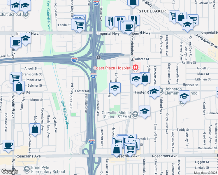 map of restaurants, bars, coffee shops, grocery stores, and more near 13313 Halcourt Avenue in Norwalk