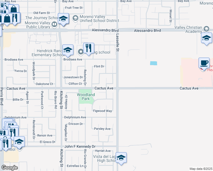 map of restaurants, bars, coffee shops, grocery stores, and more near 25939 Jonesborough Court in Moreno Valley