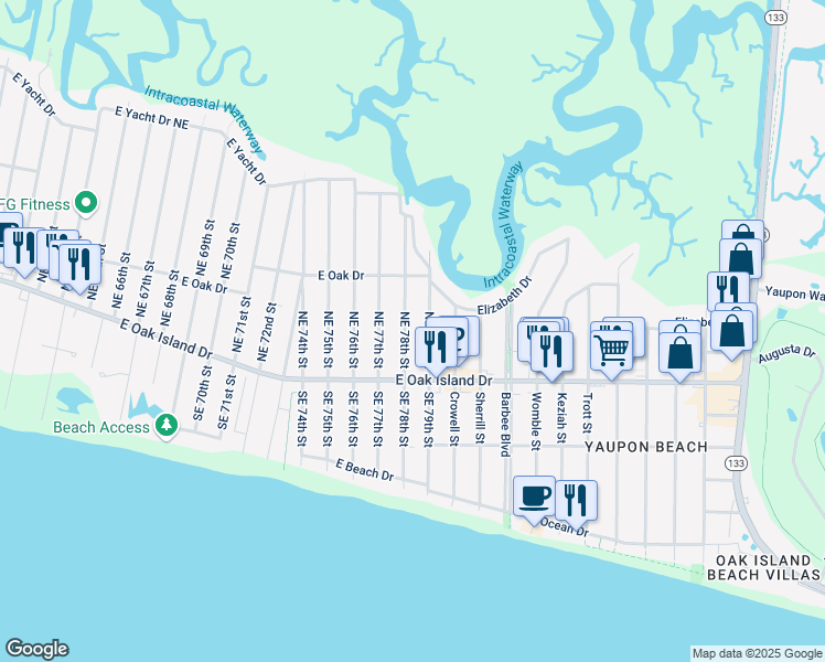map of restaurants, bars, coffee shops, grocery stores, and more near 114 Northeast 78th Street in Oak Island