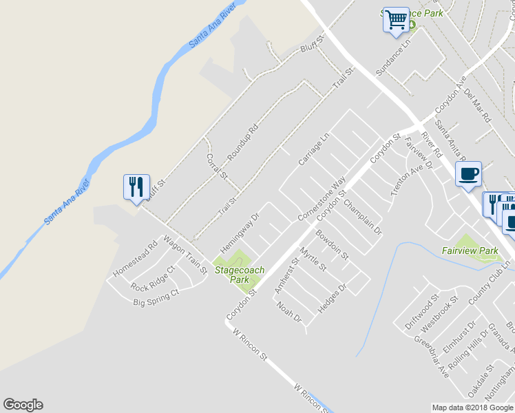 map of restaurants, bars, coffee shops, grocery stores, and more near 980 Hemingway Drive in Corona