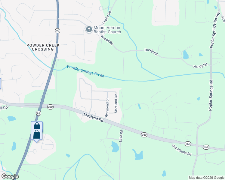 map of restaurants, bars, coffee shops, grocery stores, and more near 292 Moreland Circle in Hiram