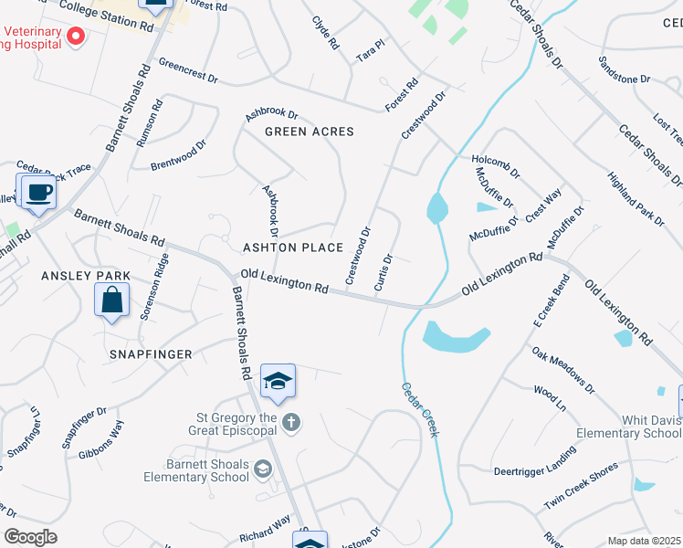 map of restaurants, bars, coffee shops, grocery stores, and more near 480 Crestwood Drive in Athens