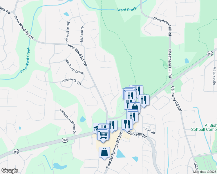 map of restaurants, bars, coffee shops, grocery stores, and more near 1680 Rifle Way Southwest in Marietta