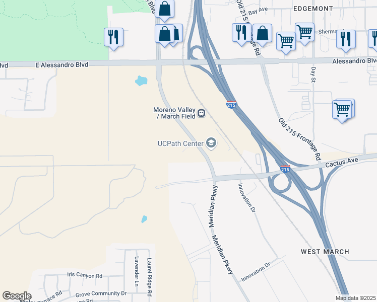 map of restaurants, bars, coffee shops, grocery stores, and more near 14305 Meridian Parkway in Riverside