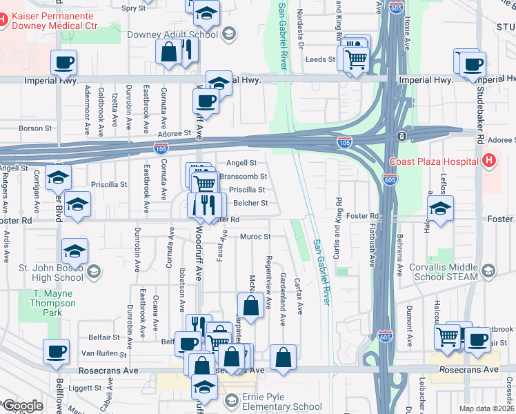 map of restaurants, bars, coffee shops, grocery stores, and more near 10262 Belcher Street in Downey