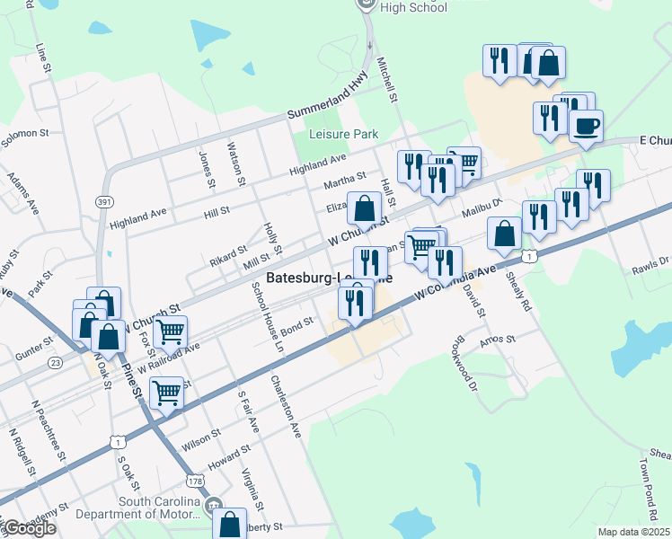 map of restaurants, bars, coffee shops, grocery stores, and more near 500 Hallman Street in Batesburg-Leesville