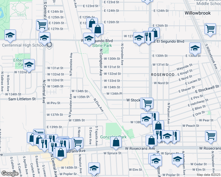map of restaurants, bars, coffee shops, grocery stores, and more near 1210 W 134th St in Compton