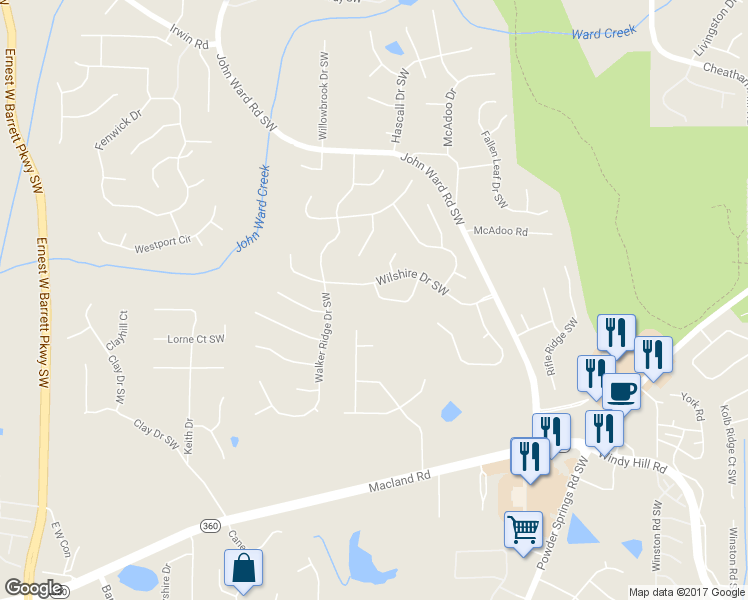 map of restaurants, bars, coffee shops, grocery stores, and more near 1828 Windcrest Circle South West in Marietta
