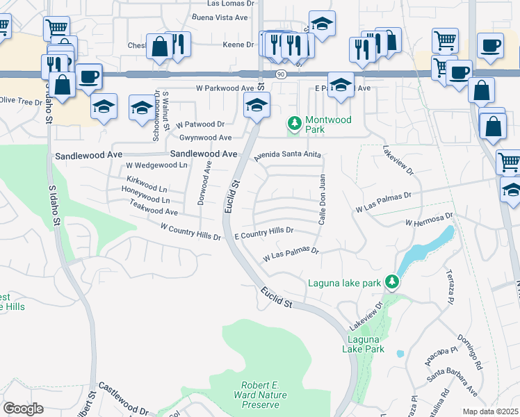 map of restaurants, bars, coffee shops, grocery stores, and more near 201 Avenida Santa Dorotea in La Habra