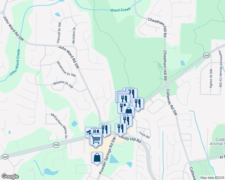 map of restaurants, bars, coffee shops, grocery stores, and more near 1715 Rifle Ridge Southwest in Marietta