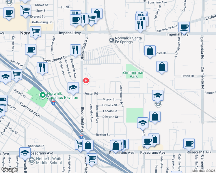 map of restaurants, bars, coffee shops, grocery stores, and more near 13223 Roper Avenue in Norwalk