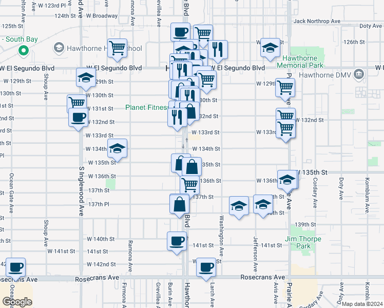 map of restaurants, bars, coffee shops, grocery stores, and more near 13420 Hawthorne Boulevard in Hawthorne
