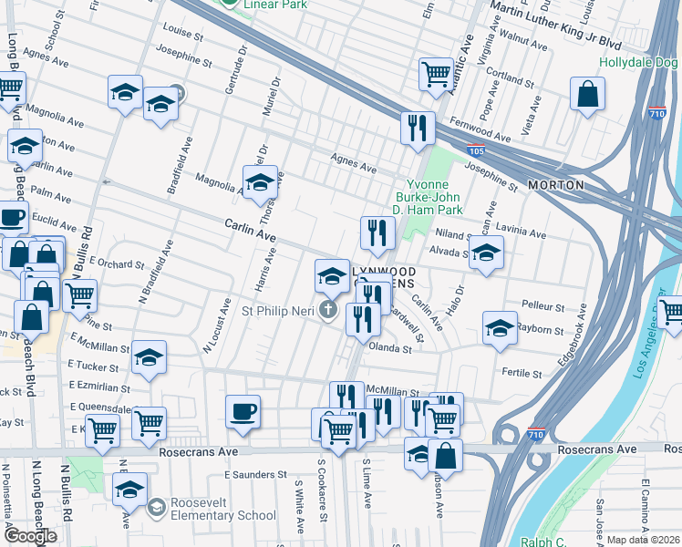 map of restaurants, bars, coffee shops, grocery stores, and more near 12416 North Stoneacre Avenue in Compton