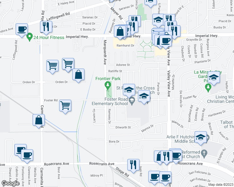 map of restaurants, bars, coffee shops, grocery stores, and more near 13212 Duffield Avenue in La Mirada
