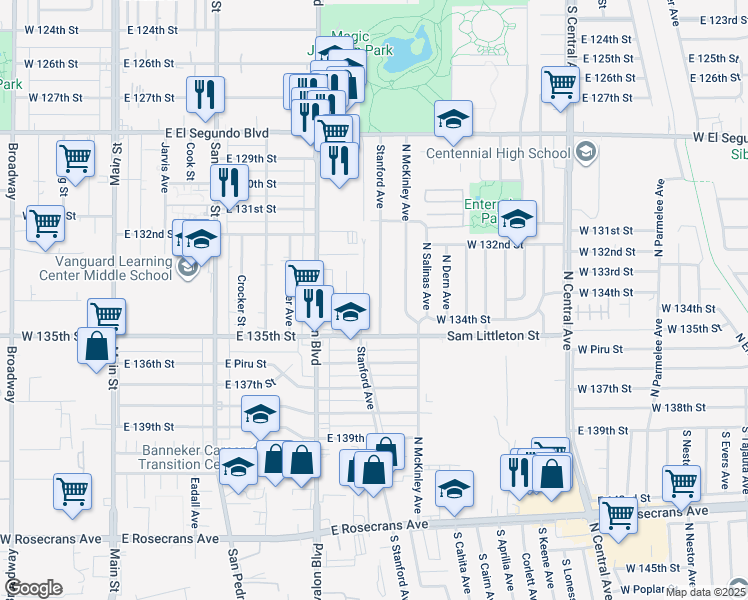 map of restaurants, bars, coffee shops, grocery stores, and more near 13337 Stanford Avenue in Los Angeles