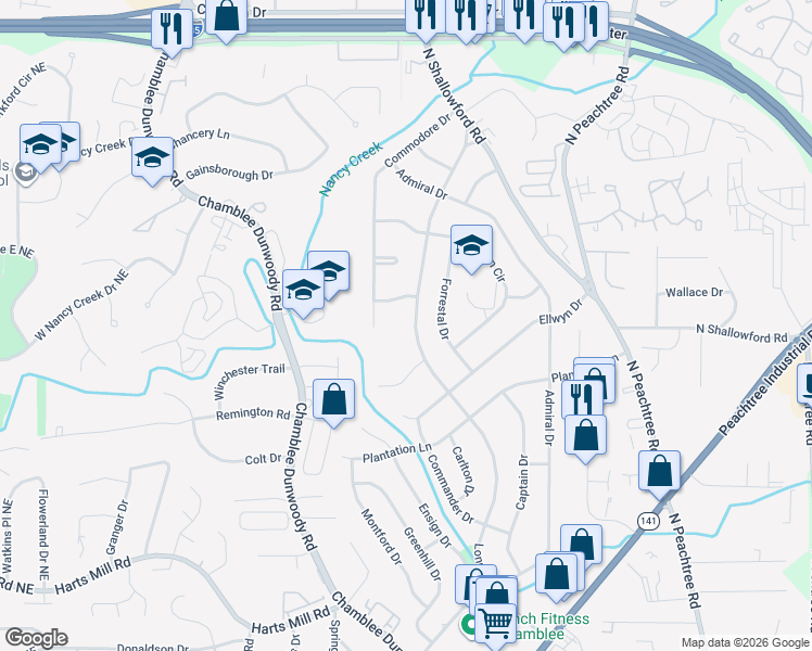 map of restaurants, bars, coffee shops, grocery stores, and more near 4024 Longview Drive in Chamblee