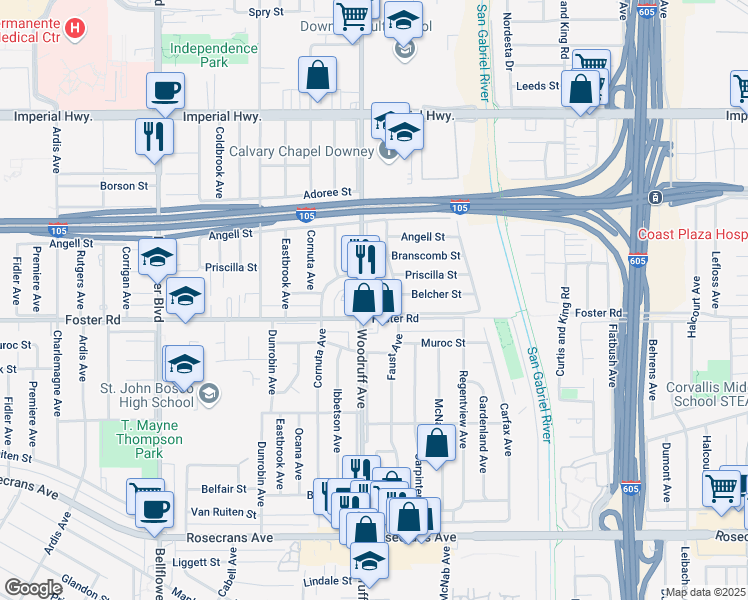 map of restaurants, bars, coffee shops, grocery stores, and more near 13240 Woodruff Avenue in Downey