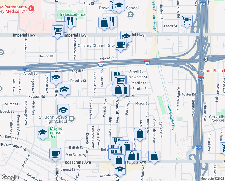 map of restaurants, bars, coffee shops, grocery stores, and more near 13235 Woodruff Ave in Downey