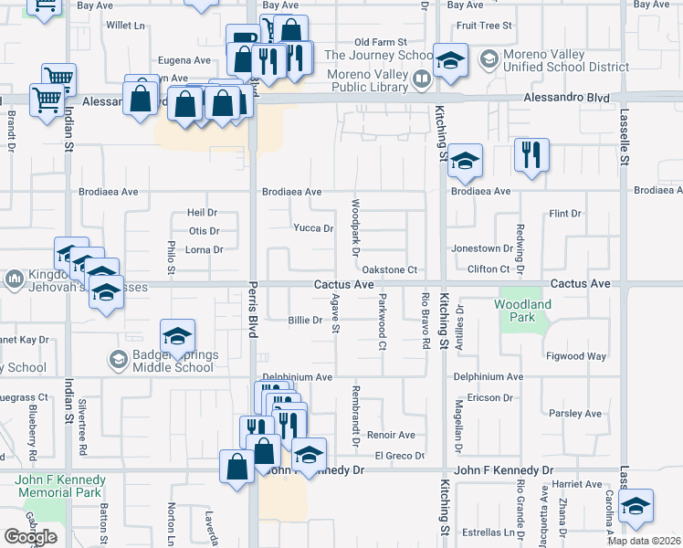 map of restaurants, bars, coffee shops, grocery stores, and more near 14490 Agave Street in Moreno Valley