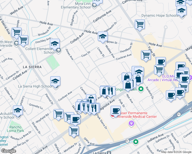 map of restaurants, bars, coffee shops, grocery stores, and more near 10731 Starlight Court in Riverside