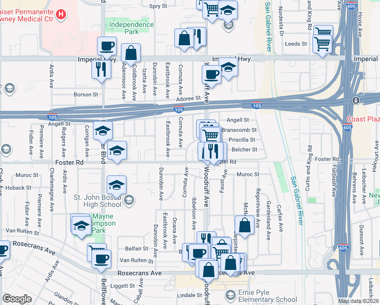 map of restaurants, bars, coffee shops, grocery stores, and more near 13235 Woodruff Avenue in Downey