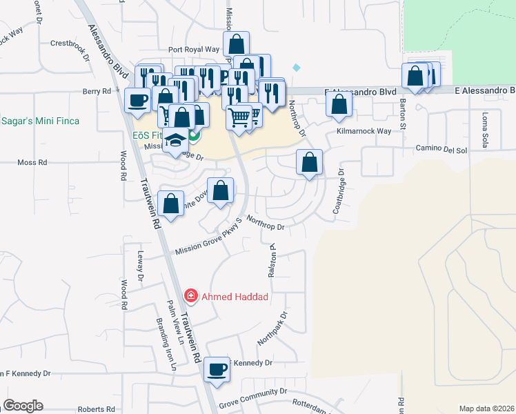 map of restaurants, bars, coffee shops, grocery stores, and more near 11285 Mathilda Lane in Riverside