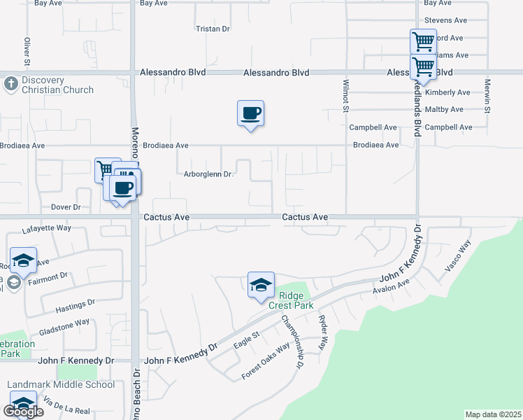 map of restaurants, bars, coffee shops, grocery stores, and more near 28471 Pear Blossom Lane in Moreno Valley
