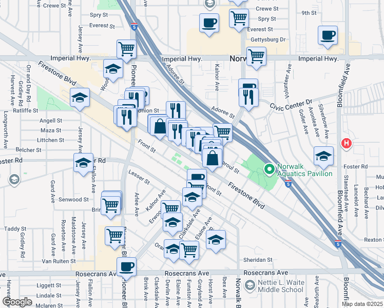 map of restaurants, bars, coffee shops, grocery stores, and more near 12001 Firestone Boulevard in Norwalk