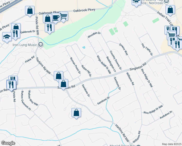 map of restaurants, bars, coffee shops, grocery stores, and more near 1357 Robin Hill Drive in Norcross