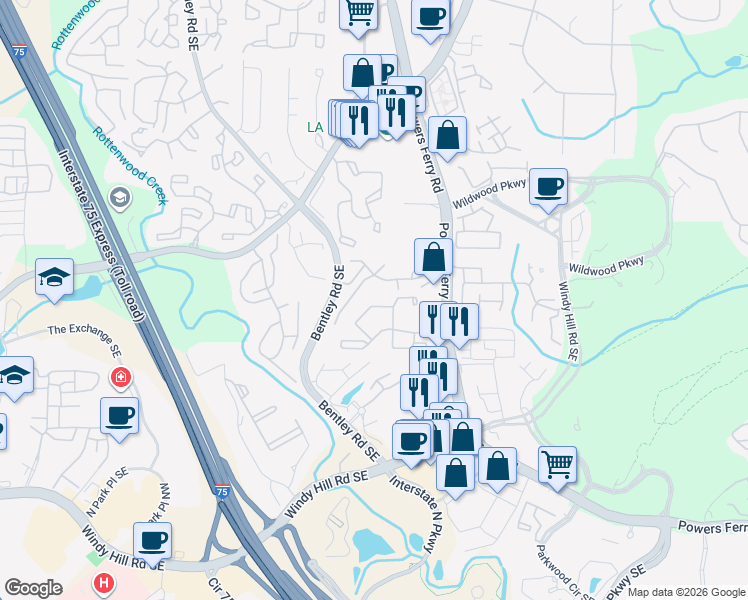 map of restaurants, bars, coffee shops, grocery stores, and more near 1418 Wood Hollow Lane in Marietta