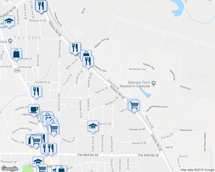 map of restaurants, bars, coffee shops, grocery stores, and more near 1730 Atlanta Road Southeast in Smyrna