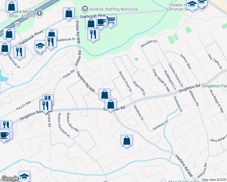 map of restaurants, bars, coffee shops, grocery stores, and more near 5552 Dove Trce in Norcross